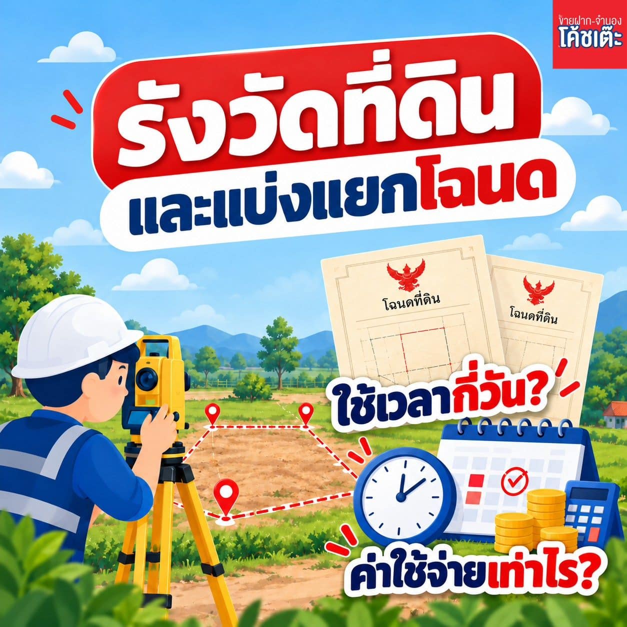 เจ้าหน้าที่สำนักงานที่ดินกำลังรังวัดที่ดินและปักหลักเขตก่อนแบ่งแยกโฉนด